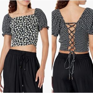 Angie Black Floral Lace Up Back Boho Cropped Top Medium